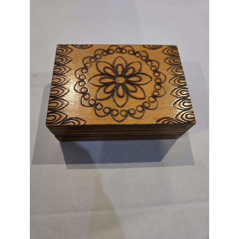 Small Wooden Engraved Hinged Trinket Box